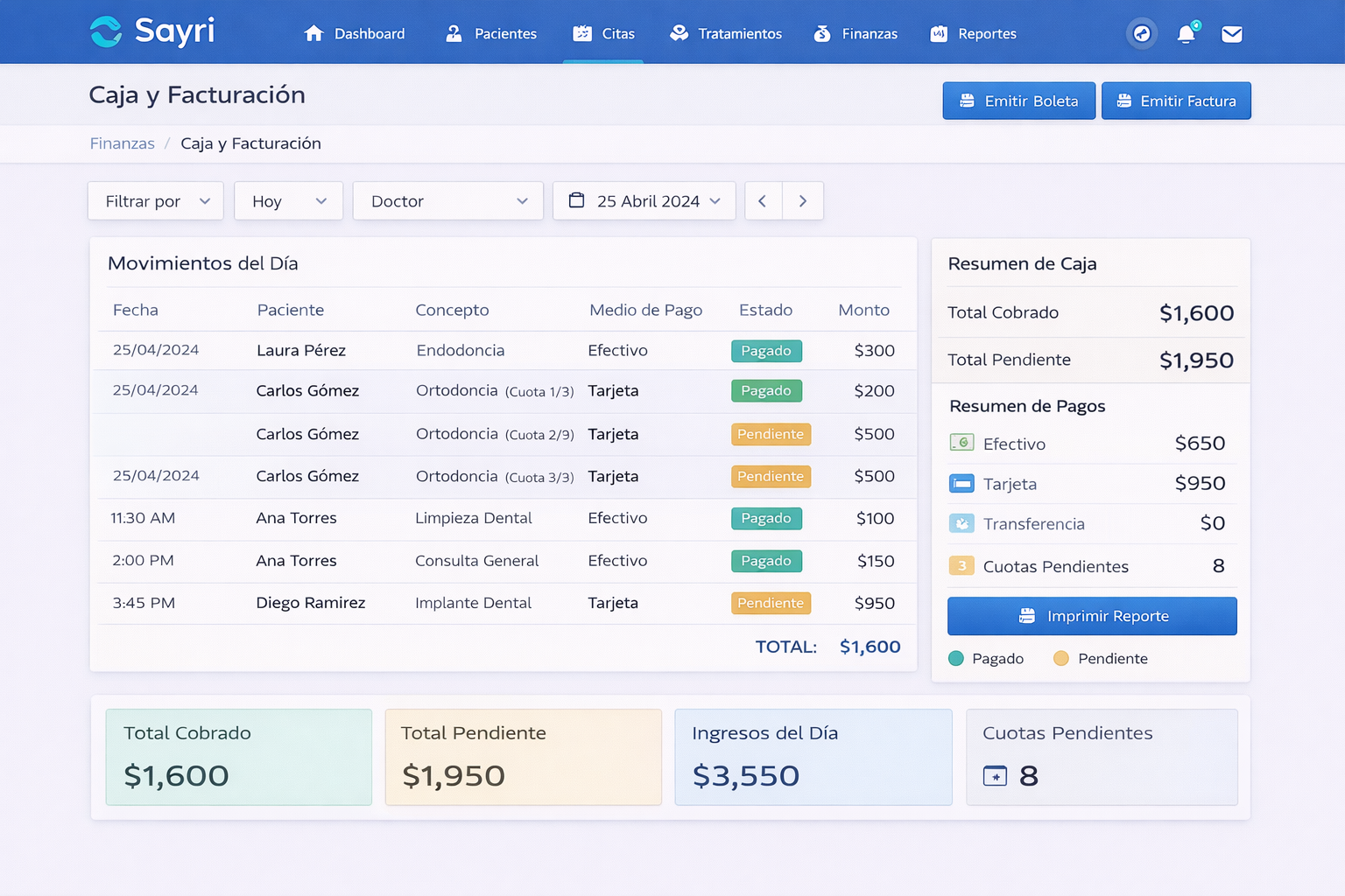 Módulo de caja y facturación de Sayri para odontología con cobros y comprobantes