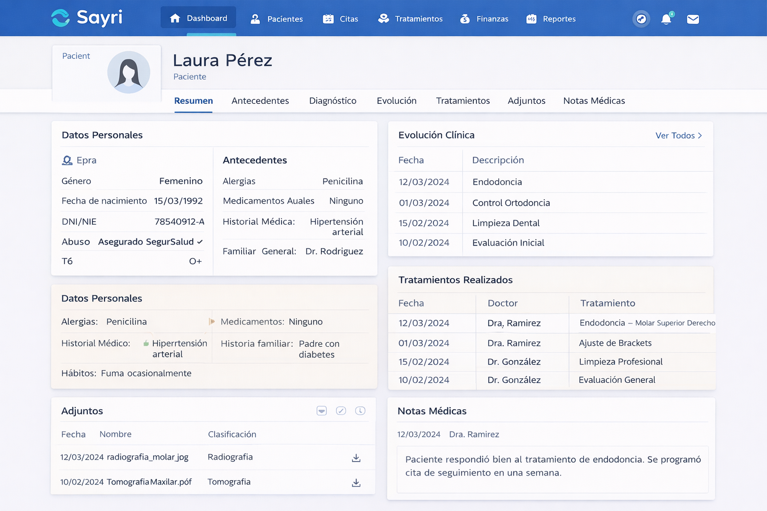 Historia clínica odontológica en Sayri con datos del paciente y evolución del tratamiento