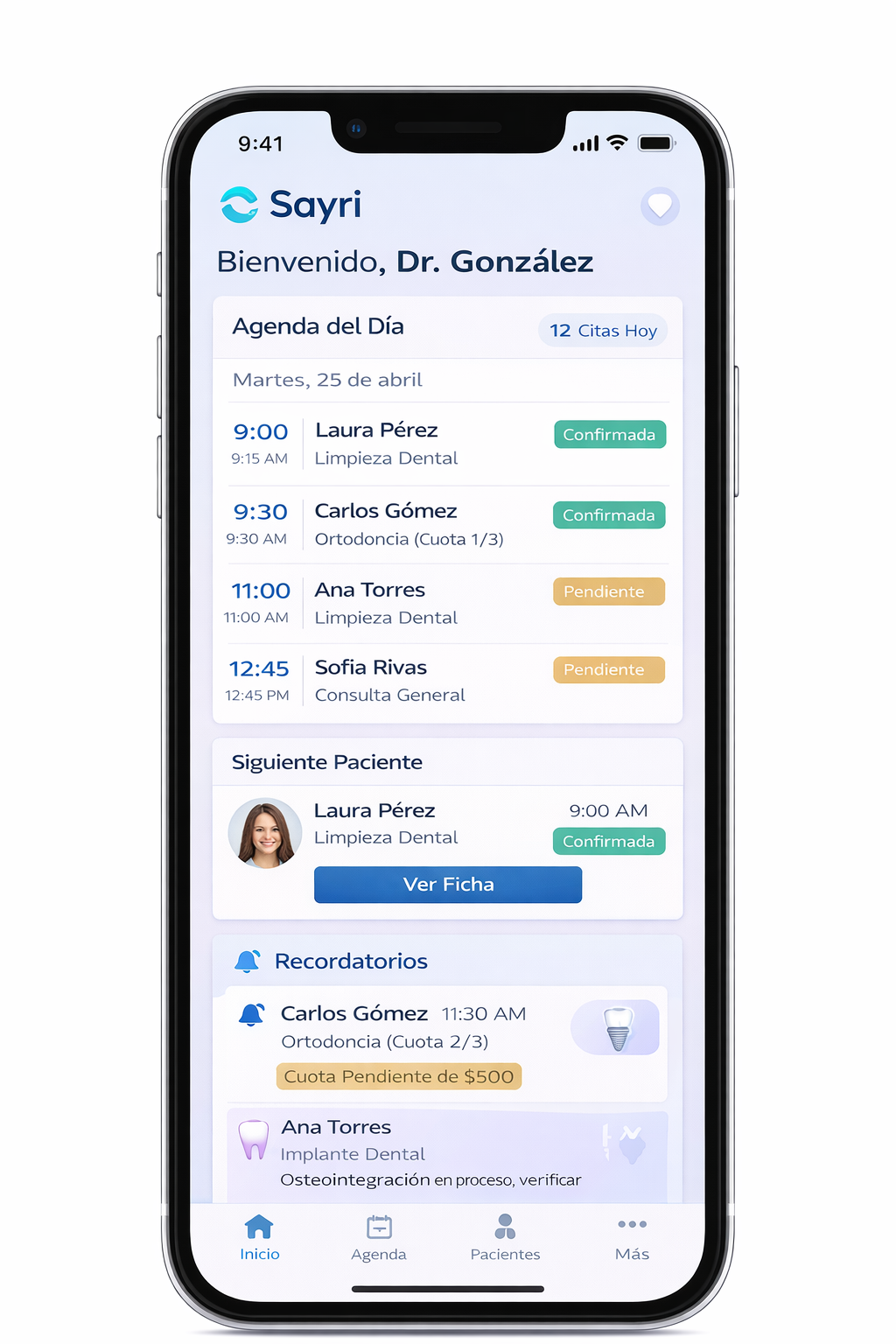 Versión móvil de Sayri para odontología con acceso rápido a funciones clínicas